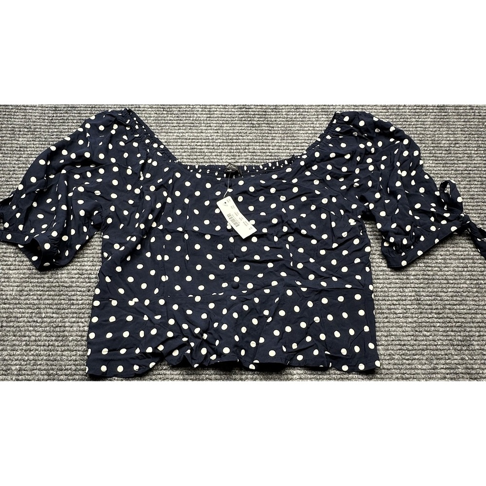J Crew Shirt Womens Medium Navy Blue Polka Dot Puff Sleeve Button Front Top